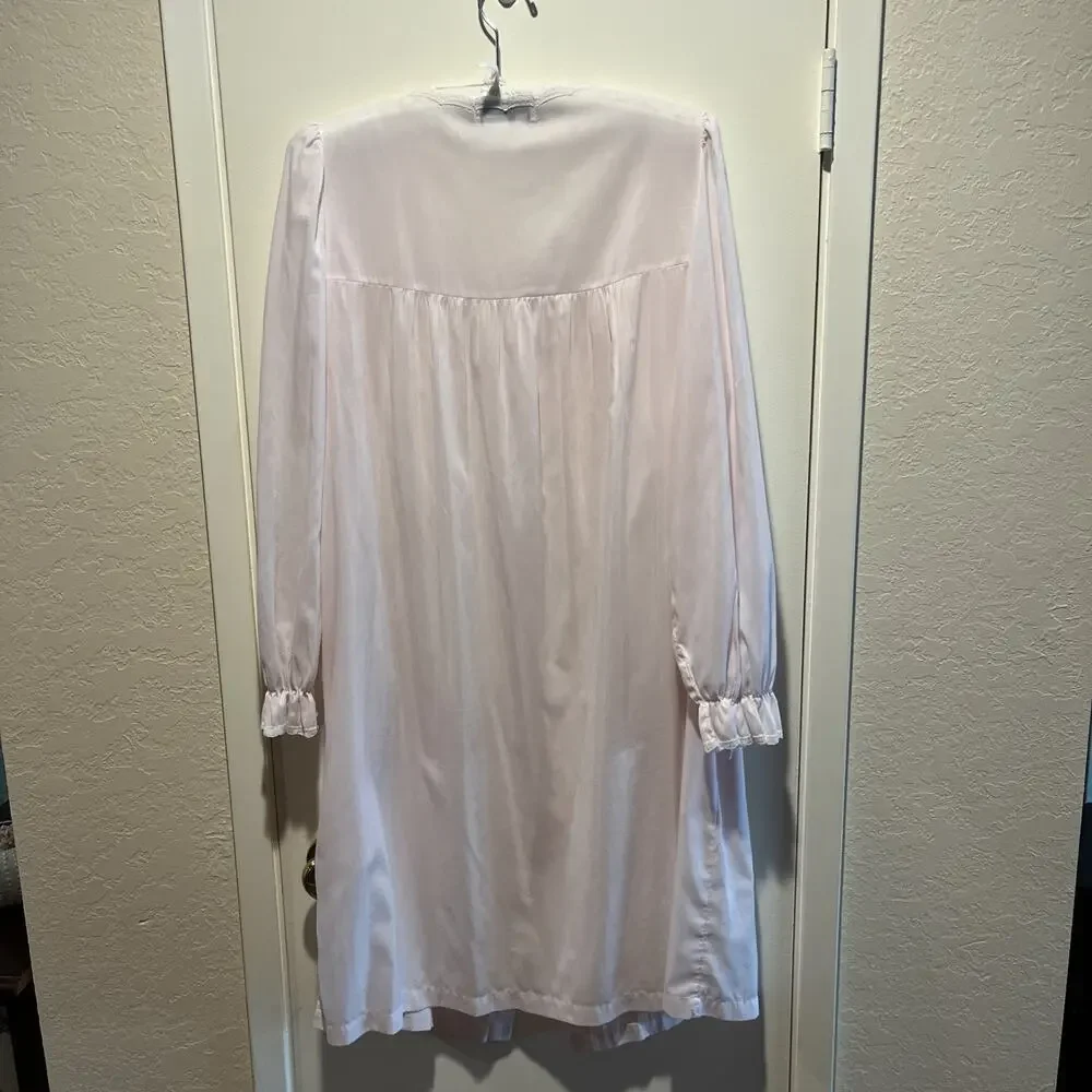 Vintage 80s Miss Elaine Sheer Long Sleeve Button Down Robe Pink Pockets Size L‎